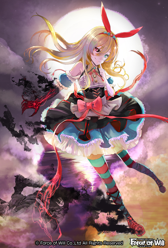1girl aqua_eyes bare_shoulders black_sclera blonde_hair bow copyright_name force_of_will gem hairband heterochromia long_hair moon night night_sky official_art red_eyes sky smoke solo thigh-highs wednesday_(starsilver)