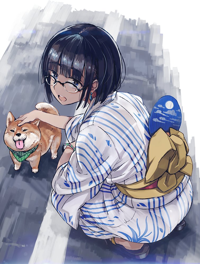 1girl :d animal bangs black-framed_eyewear black_hair blue_eyes blunt_bangs bob_cut bracelet commentary_request dog earrings eyebrows_visible_through_hair fan fingernails from_above full_body geta glasses japanese_clothes jewelry kimono knees_to_chest long_sleeves looking_at_viewer looking_back looking_up mole mole_under_eye obi open_mouth original over-rim_glasses petting sash semi-rimless_glasses shiba_inu shoohee short_hair smile solo squatting striped striped_kimono tongue tongue_out wide_sleeves yukata