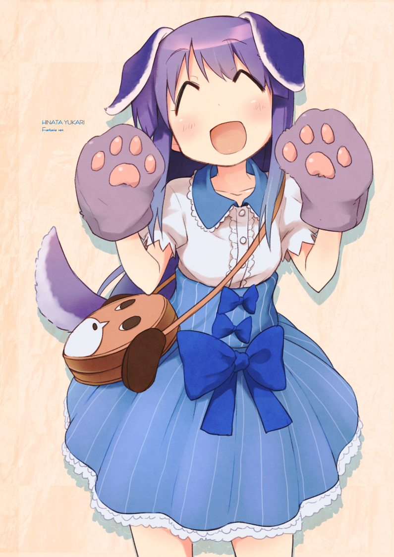 1girl :d ^_^ animal_ears blue_bow blush bow character_name closed_eyes collarbone collared_shirt dog_ears dog_paws dog_tail eyebrows_visible_through_hair facing_viewer gloves hinata_yukari kirara_fantasia long_hair okayparium open_mouth paw_gloves paws purple_hair shirt smile solo tail yuyushiki