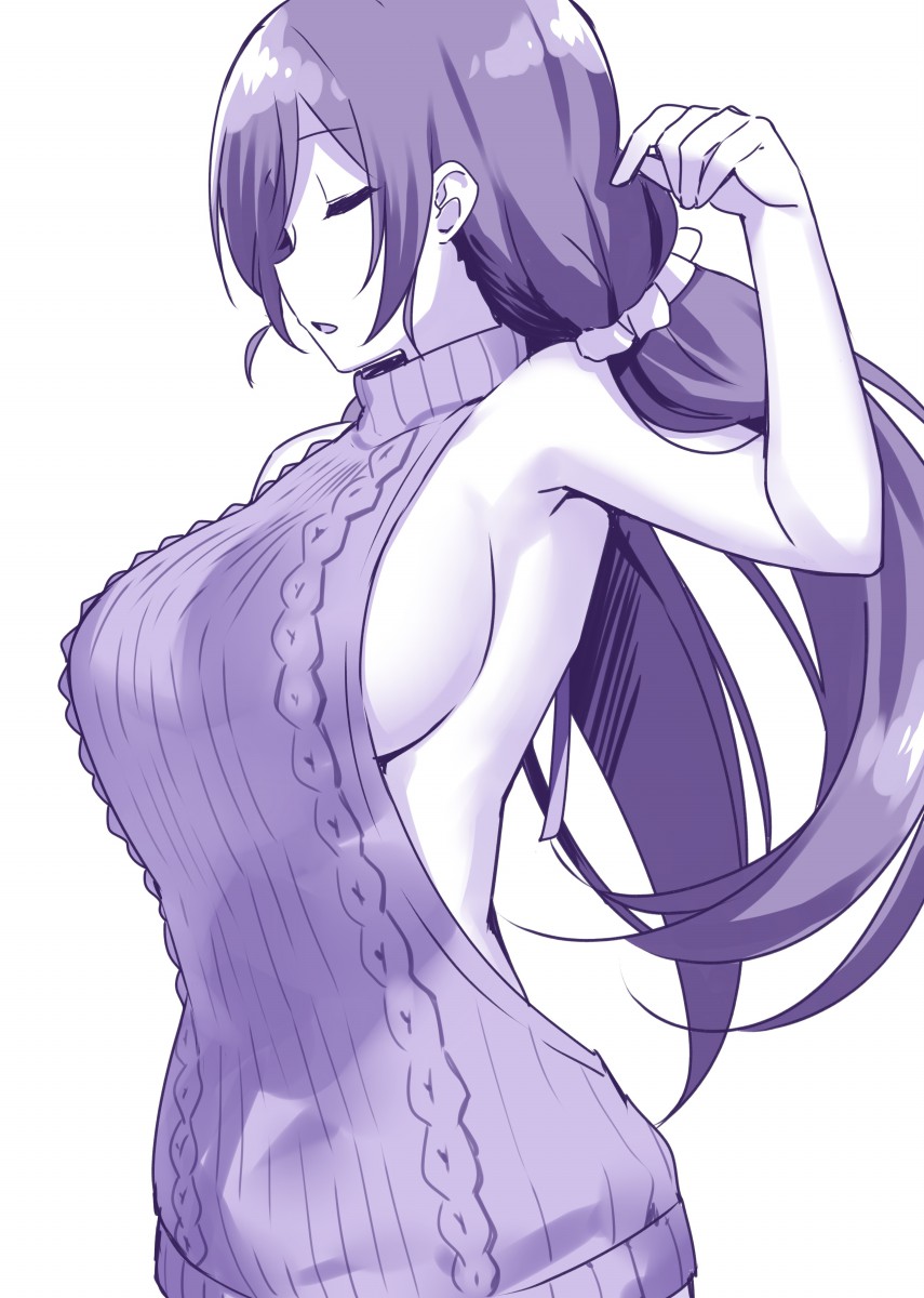 1girl backless_outfit breasts closed_eyes commentary_request dress highres large_breasts long_hair love_live! love_live!_school_idol_project meme_attire monochrome open-back_dress open_mouth purple scrunchie sideboob simple_background sky_(freedom) solo sweater sweater_dress toujou_nozomi turtleneck twintails upper_body virgin_killer_sweater white_background