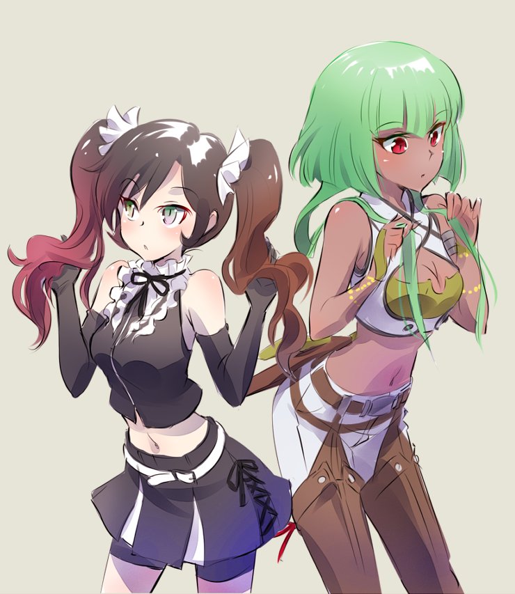 2girls black_hair breasts brown_hair changing_hairstyle check_commentary cleavage cleavage_cutout commentary commentary_request emerald_sustrai gothic_lolita green_hair highlights iesupa lolita_fashion multicolored_hair multiple_girls navel neo_(rwby) pink_hair red_eyes rwby