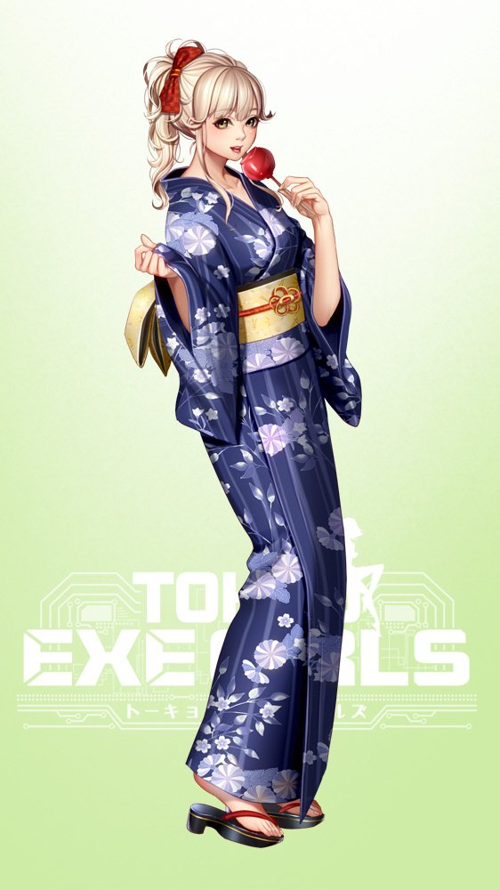 1girl bangs blonde_hair bow breasts brown_eyes candy_apple collarbone commentary eyebrows_visible_through_hair floral_print food full_body gradient gradient_background hair_bow holding japanese_clothes kimono lipstick logo long_hair looking_at_viewer makeup masami_chie medium_breasts obi original sandals sash simple_background solo standing tokyo_exe_girls wide_sleeves