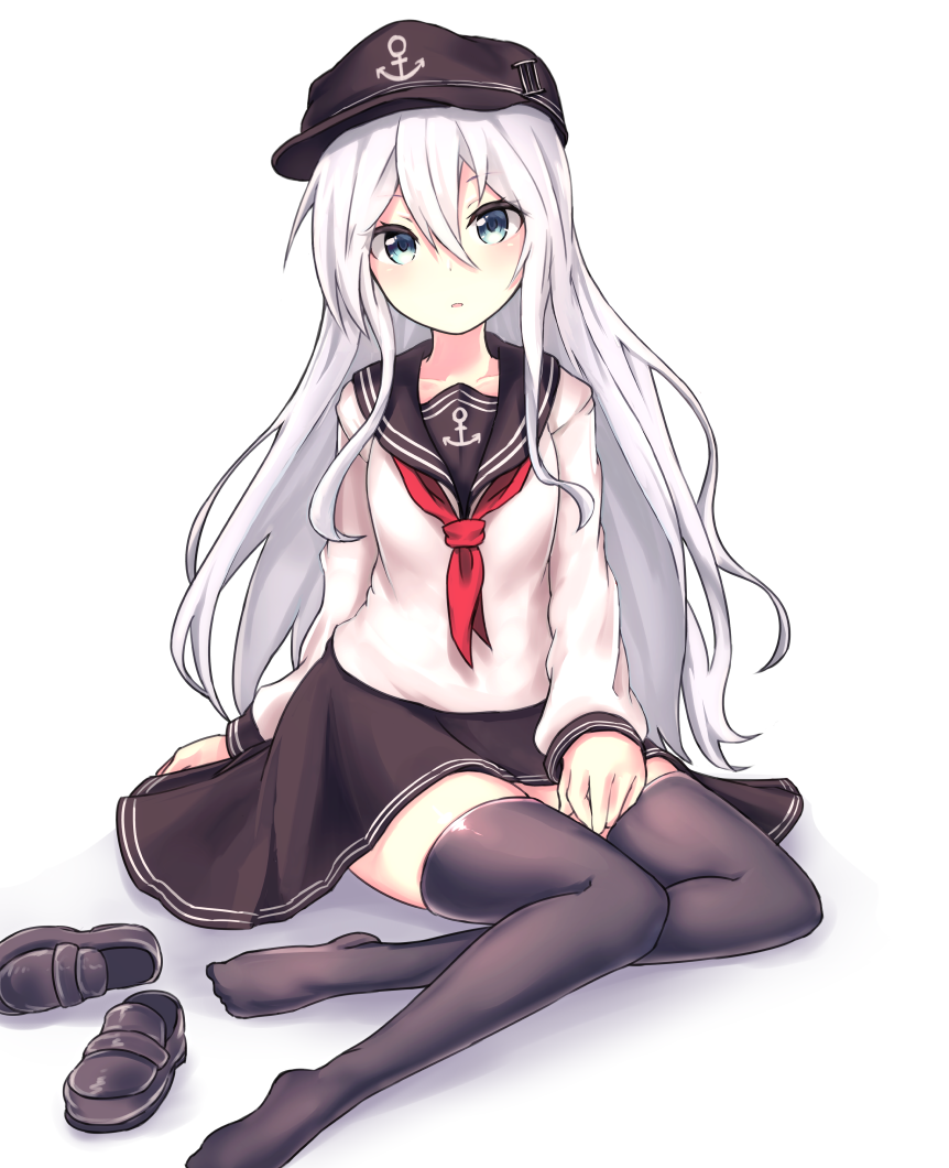 1girl anchor_symbol black_hat black_legwear black_skirt blue_eyes closed_eyes collarbone hair_between_eyes haishiki hat hibiki_(kantai_collection) kantai_collection long_hair looking_at_viewer miniskirt neckerchief parted_lips red_neckerchief shiny shiny_clothes shirt shoes_removed silver_hair simple_background sitting skirt solo thigh-highs very_long_hair visor_cap white_background white_shirt zettai_ryouiki