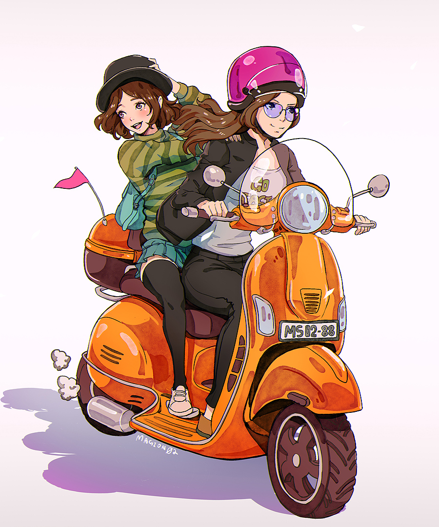 2girls artist_name backpack bag black_jacket black_legwear black_pants brown_hair flag green_sweater ground_vehicle hat helmet holding holding_hat jacket looking_afar looking_to_the_side magion02 motor_vehicle multiple_girls original pants scooter sitting skirt smile smoke_trail sunglasses sweater thigh-highs white_background