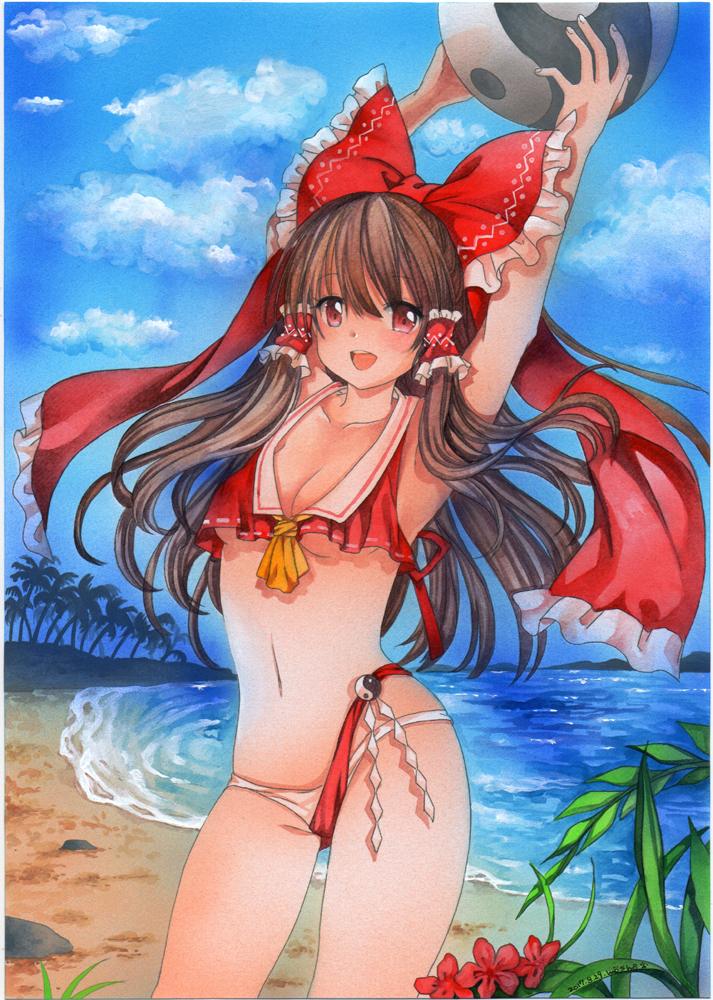 1girl :d acrylic_paint_(medium) adapted_costume armpits ball beach beachball bikini blush bow breasts brown_hair hair_bow hair_ribbon hair_tubes hakurei_reimu hips long_hair looking_at_viewer mosho navel open_mouth red_eyes ribbon small_breasts smile solo swimsuit touhou traditional_media watercolor_(medium) yin_yang