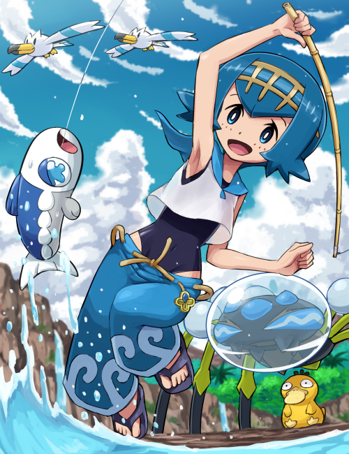 1girl :d araquanid arm_up armpits baggy_pants bare_arms blue_eyes blue_hair blue_sky clouds cloudy_sky covered_navel dewpider feet fishing_rod full_body hairband one-piece_swimsuit open_mouth outdoors pants pokemoa pokemon pokemon_(creature) pokemon_(game) pokemon_sm psyduck shirt short_hair sky sleeveless sleeveless_shirt slippers smile suiren_(pokemon) swimsuit swimsuit_under_clothes trial_captain water wingull wishiwashi
