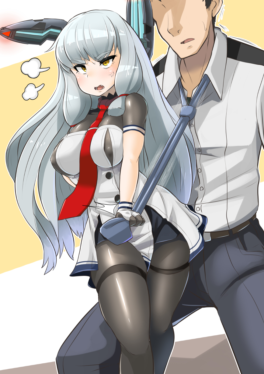 1boy 1girl admiral_(kantai_collection) anger_vein bangs blush breasts brown_eyes commentary_request erect_nipples eyebrows_visible_through_hair faceless faceless_male fang gloves hair_ribbon headgear highres kantai_collection large_breasts long_hair murakumo_(kantai_collection) necktie necktie_grab neckwear_grab open_mouth pantyhose red_necktie remodel_(kantai_collection) ribbon ryuun_(stiil) sidelocks silver_hair thighband_pantyhose tress_ribbon