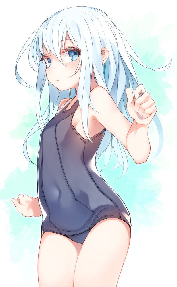 1girl bare_shoulders blue_eyes blue_swimsuit breasts covered_navel cowboy_shot expressionless hair_between_eyes hibiki_(kantai_collection) kantai_collection long_hair school_swimsuit sideboob sidelocks simple_background small_breasts solo swimsuit tsunekichi white_hair