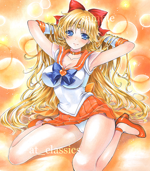 1girl aino_minako armpits arms_up artist_name at_classics bangs bishoujo_senshi_sailor_moon blonde_hair blue_bow blue_eyes blush bow breasts choker cleavage closed_mouth eyebrows_visible_through_hair forehead_jewel full_body hair_bow hands_in_hair heart high_heels large_breasts long_hair looking_at_viewer orange_skirt panties pleated_skirt red_bow sailor_venus sample school_uniform serafuku sitting skirt sleeveless smile solo star traditional_media underwear very_long_hair wariza watermark white_panties