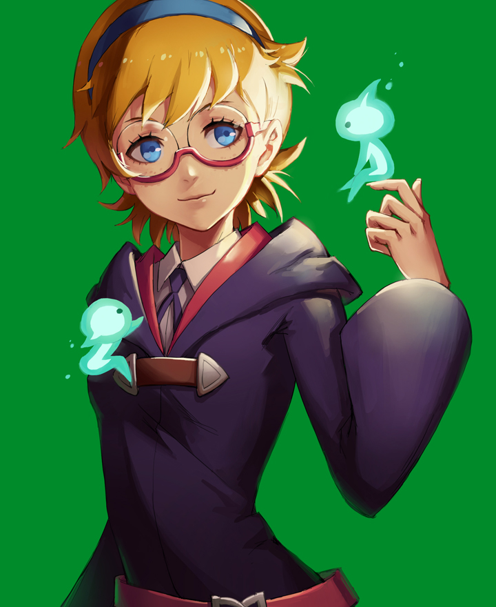 1girl belt blue_eyes eye_contact freckles green_background hairband little_witch_academia looking_at_another lotte_jansson mool_yueguang orange_hair red-framed_eyewear school_uniform short_hair smile solo spirit standing upper_body