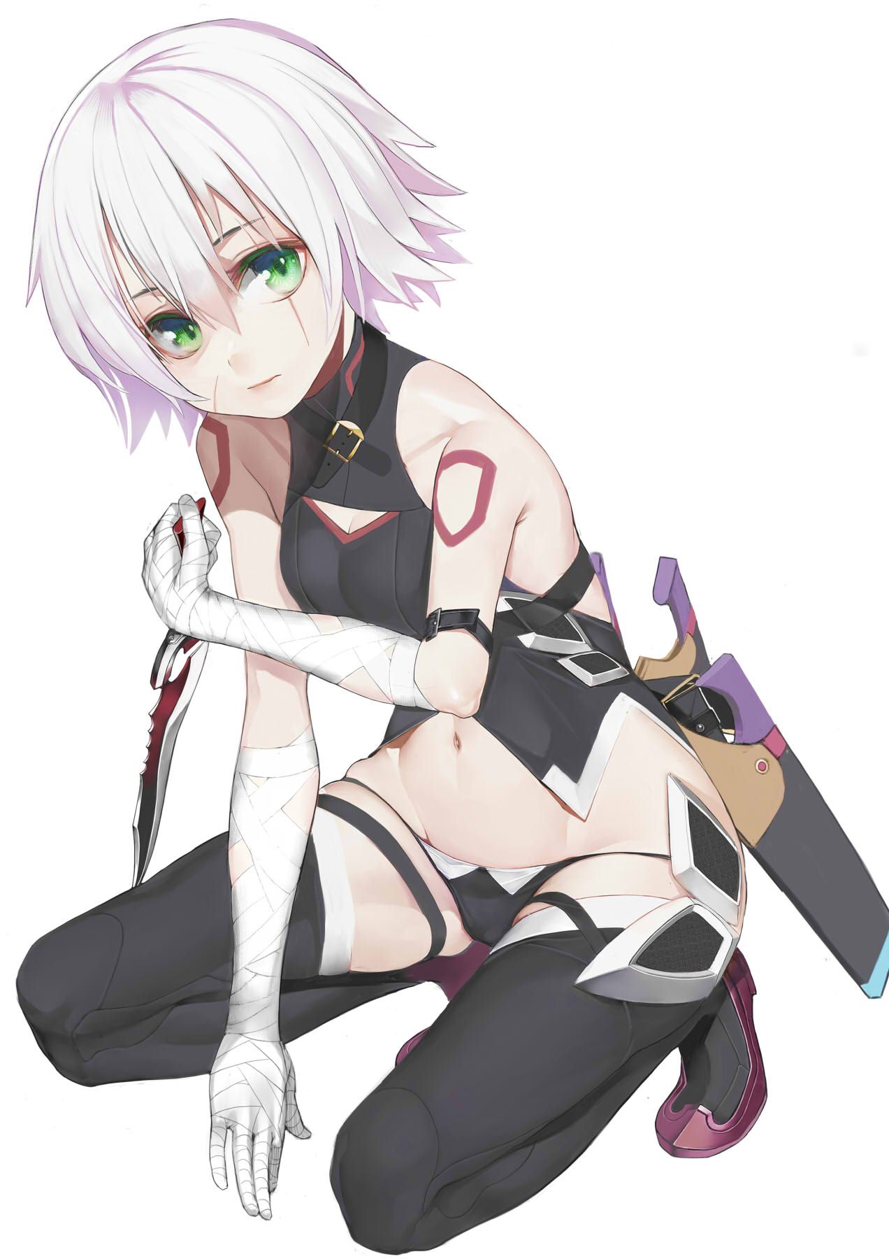 1girl arm_belt assassin_of_black bandage bandaged_arm bangs bare_shoulders breasts buckle cleavage_cutout closed_mouth collarbone dagger emokakimasu fate/apocrypha fate_(series) green_eyes groin hair_between_eyes halterneck highres holding holding_knife knife looking_at_viewer lowleg lowleg_panties navel panties reverse_grip scabbard scar scar_across_eye scar_on_cheek sheath shirt short_hair shoulder_tattoo silver_hair simple_background skindentation sleeveless sleeveless_shirt small_breasts solo squatting tattoo thigh-highs underwear weapon white_background