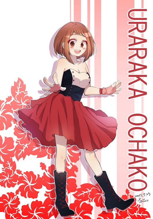 1girl bare_shoulders blush boku_no_hero_academia boots breasts brown_eyes brown_hair character_name cleavage dated dress fingerless_gloves floral_background full_body gloves lin_(amateur_lin) looking_at_viewer open_mouth short_hair signature sleeveless sleeveless_dress smile solo strapless strapless_dress uraraka_ochako white_background