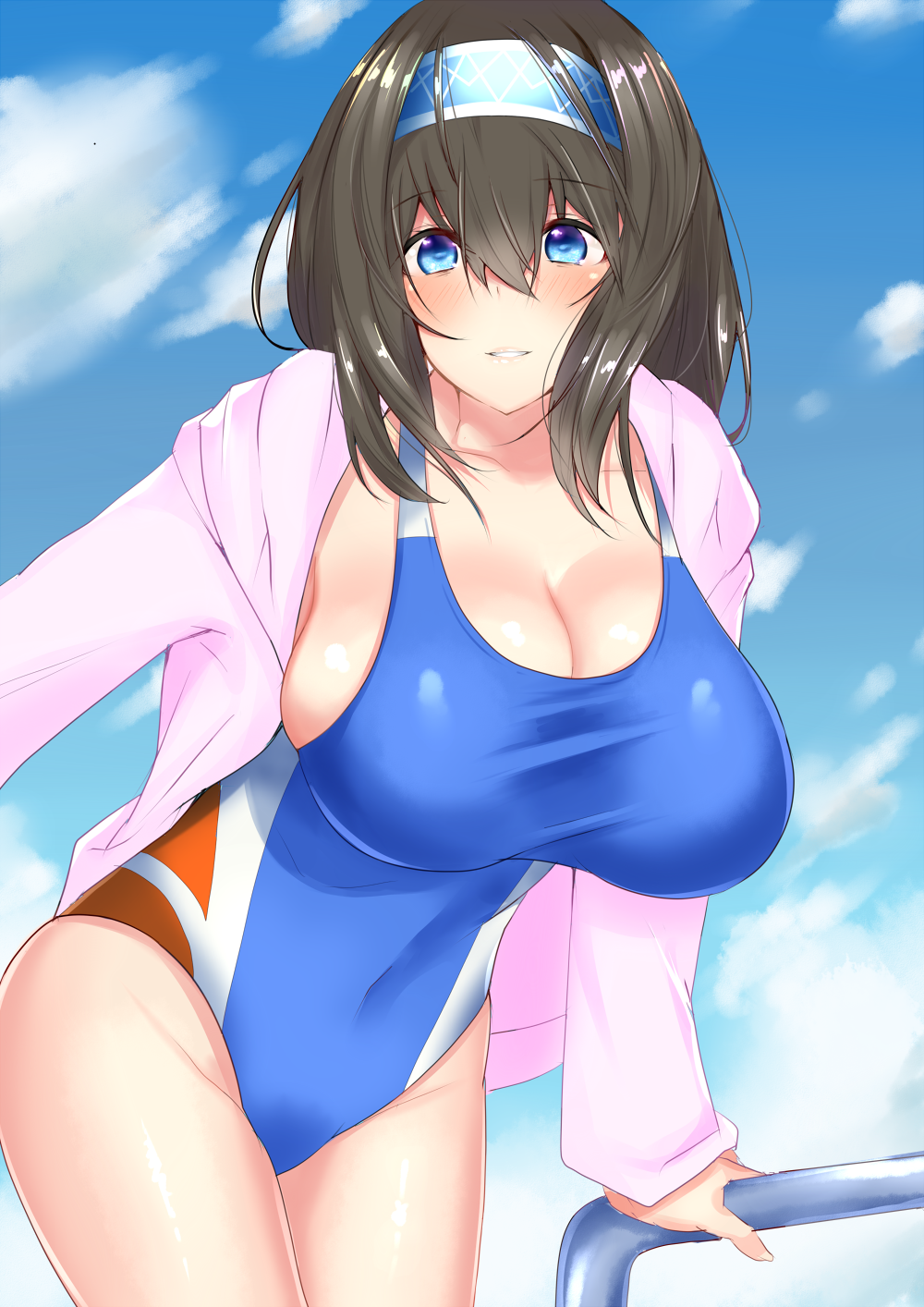 1girl bangs black_hair blue_eyes blue_sky blue_swimsuit blush breasts cleavage clouds cloudy_sky competition_swimsuit covered_navel cowboy_shot curvy day eyebrows_visible_through_hair hair_between_eyes hairband highres hood hoodie idolmaster idolmaster_cinderella_girls large_breasts leaning_forward long_hair looking_at_viewer one-piece_swimsuit open_clothes open_hoodie outdoors pool_ladder sagisawa_fumika sankakusui sky smile solo swimsuit tareme teeth thighs