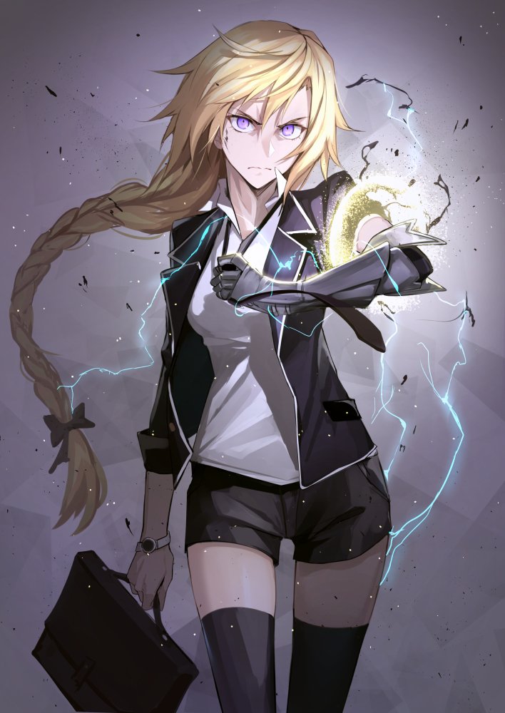 1girl alternate_costume angry blonde_hair braid briefcase electricity fate/apocrypha fate_(series) gauntlets jacket looking_at_viewer open_clothes open_jacket ruler_(fate/apocrypha) scowl shijiu_(adamhutt) shorts solo thigh-highs violet_eyes watch watch