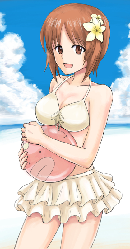 1girl :d anglerfish ball beach beachball blonde_hair blue_eyes breasts brown_eyes brown_hair cleavage clouds girls_und_panzer hair_ornament medium_breasts mutsu_(layergreen) nishizumi_miho ocean open_mouth short_hair smile solo swimsuit swimsuit_skirt upper_body water