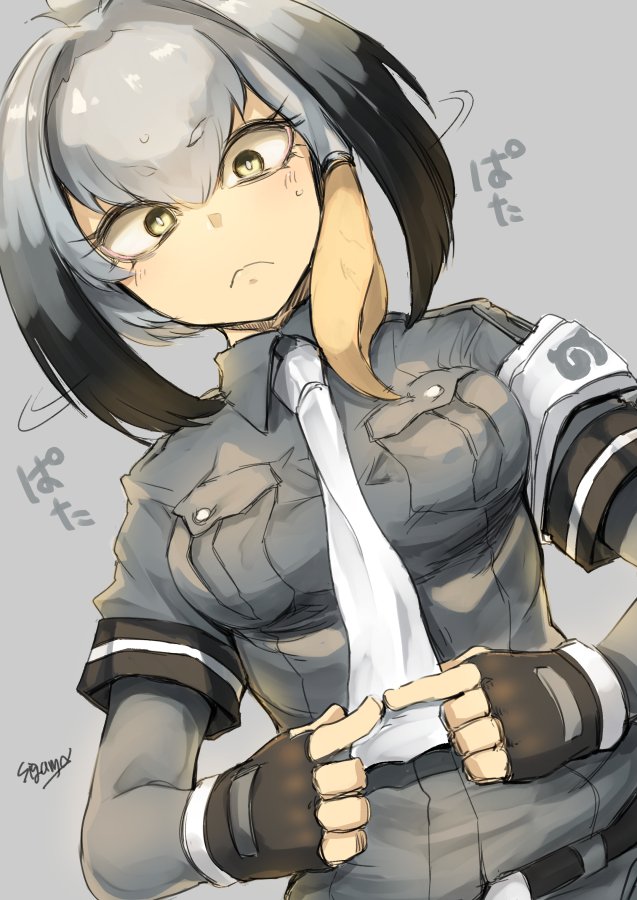 1girl bangs blush bodystocking breast_pocket breasts collared_shirt eyebrows_visible_through_hair feathers fingerless_gloves gloves hair_between_eyes head_wings kemono_friends looking_at_viewer necktie pocket shirt shoebill_(kemono_friends) short_sleeves shorts sigama silver_hair solo sweatdrop text translation_request twintails white_necktie yellow_eyes