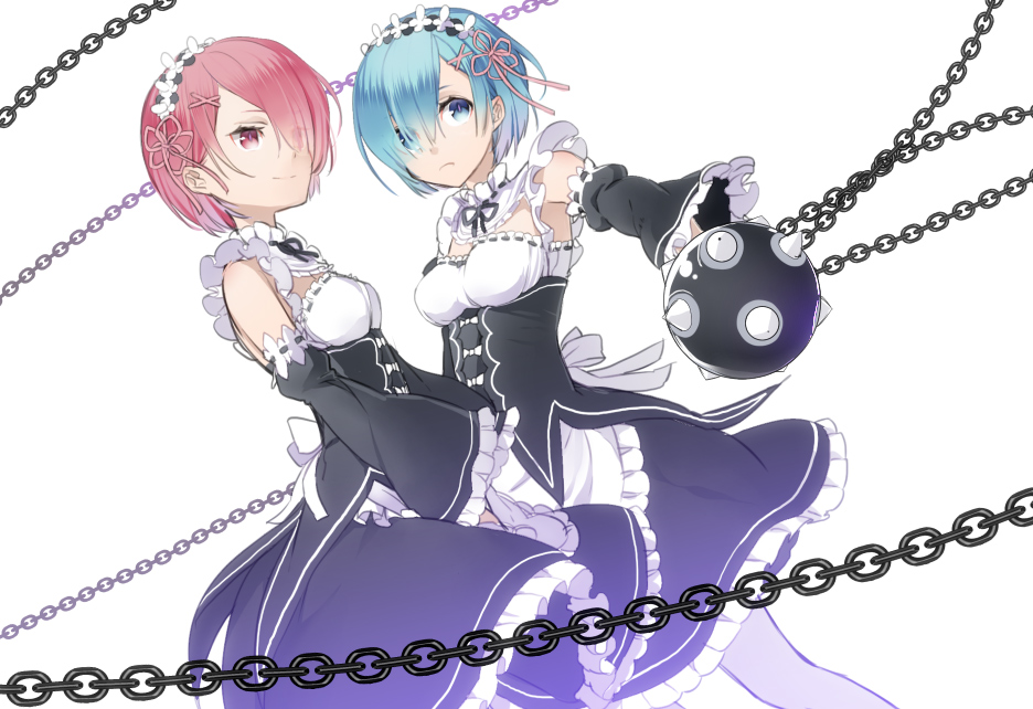 2girls apron black_kirt black_ribbon blue_eyes blue_hair breasts chains choker cleavage detached_sleeves dutch_angle eyes eyes_visible_through_hair grey_legwear hair_between_eyes hair_over_one_eye hair_ribbon head_wreath holding holding_weapon komenama looking_at_viewer multiple_girls neck_ribbon pink_hair pink_ribbon ram_(re:zero) re:zero_kara_hajimeru_isekai_seikatsu red rem_(re:zero) ribbon ribbon-trimmed_sleeves ribbon_trim short_hair simple_background small_breasts smile weapon white_apron white_background