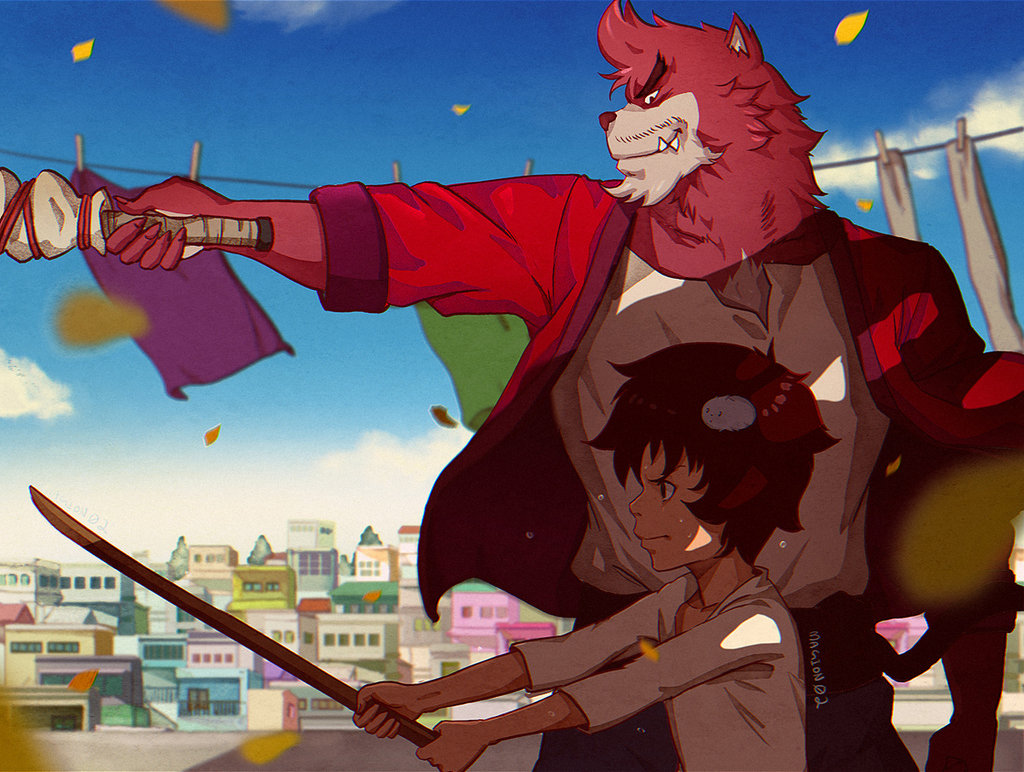 artist_name bakemono_no_ko brown_hair building clouds cloudy_sky holding holding_sword holding_weapon jacket kumatetsu kyuuta_(bakemono_no_ko) looking_afar looking_at_another magion02 petals red_fur red_jacket sheath sheathed shirt sky smile sword weapon white_shirt wooden_sword