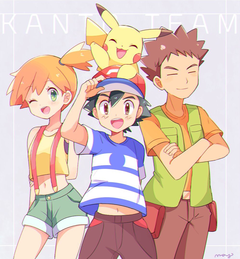 1girl 2boys :d black_hair brown_eyes green_eyes hat kasumi_(pokemon) looking_at_viewer mei_(maysroom) multiple_boys navel one_eye_closed open_mouth orange_hair pikachu pokemon pokemon_(anime) pokemon_(game) pokemon_sm pokemon_sm_(anime) satoshi_(pokemon) smile takeshi_(pokemon) teeth