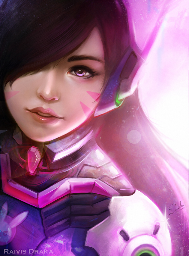 1girl alternate_eye_color animal_print artist_name backlighting bangs blue_bodysuit bodysuit brown_hair bunny_print d.va_(overwatch) dated eyelashes facepaint facial_mark gloves hair_over_one_eye headphones high_collar lens_flare lips long_hair looking_at_viewer nose overwatch pilot_suit pink_lips portrait purple_background raivis_draka ribbed_bodysuit signature skin_tight solo swept_bangs violet_eyes whisker_markings white_gloves