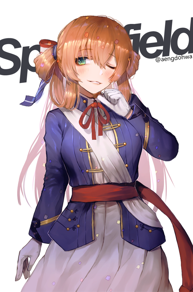 1girl arm_at_side blue_jacket blush breasts brown_hair character_name clenched_hand dress eyebrows_visible_through_hair girls_frontline gloves green_eyes hair_between_eyes hanato_(seonoaiko) head_tilt jacket large_breasts long_hair long_sleeves looking_away m1903_springfield_(girls_frontline) neck_ribbon open_clothes open_jacket parted_lips red_ribbon ribbon smile solo twitter_username white_background white_dress white_gloves