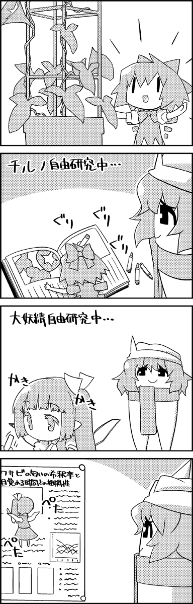 4koma book bow cirno comic commentary_request crayon daiyousei eyebrows_visible_through_hair flying greyscale hair_bow hat highres letty_whiterock monochrome multiple_girls open_mouth plant poster_(object) potted_plant ribbon scarf side_ponytail skirt smile tani_takeshi touhou translation_request writing yukkuri_shiteitte_ne |_|