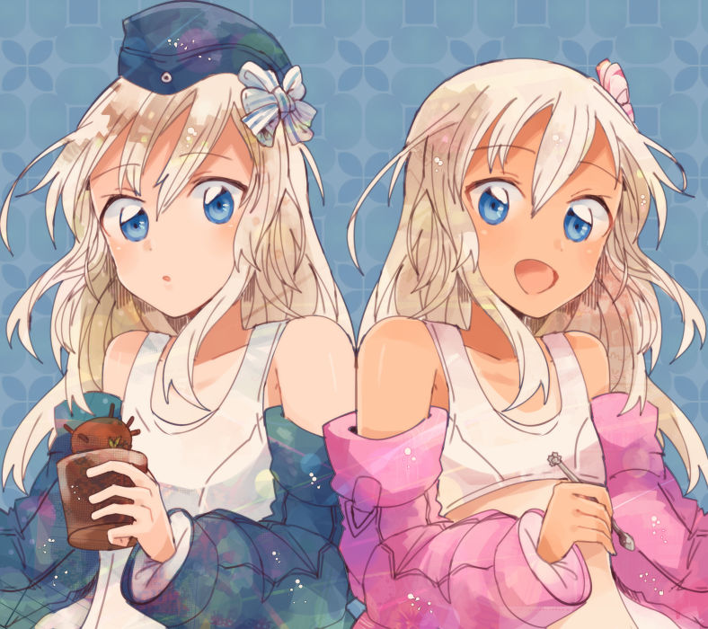 2girls :d blonde_hair blue_eyes dual_persona garrison_cap hat holding holding_spoon itomugi-kun kantai_collection long_hair long_sleeves multiple_girls nontraditional_school_swimsuit open_mouth ro-500_(kantai_collection) school_swimsuit smile spoon swimsuit tan tanline u-511_(kantai_collection) white_school_swimsuit white_swimsuit