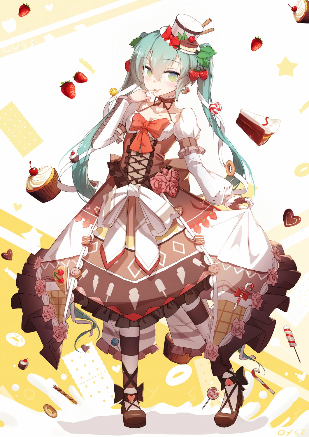 1girl aqua_hair bai_yemeng cake candy candy_cane cupcake fingerless_gloves food food_themed_hair_ornament full_body gloves green_eyes hair_ornament hat hatsune_miku highres licking lollipop long_hair mini_hat mini_top_hat pantyhose pigeon-toed skirt_hold solo strawberry_hair_ornament striped striped_legwear sweets swirl_lollipop tongue tongue_out top_hat twintails vocaloid