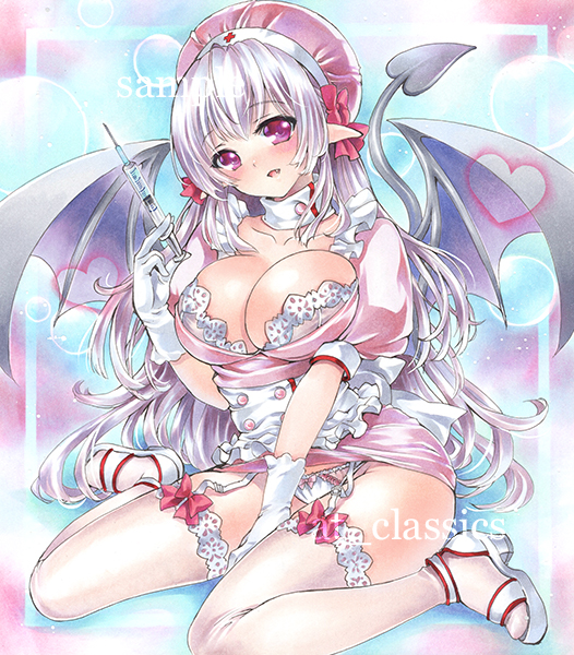 1girl artist_name at_classics bangs between_legs blush bow bow_panties breasts cleavage demon_tail demon_wings dress eyebrows_visible_through_hair fang full_body garter_straps gloves hand_between_legs hat heart high_heels holding large_breasts long_hair looking_at_viewer nurse nurse_cap open_mouth original panties pink_bow pink_dress pointy_ears puffy_short_sleeves puffy_sleeves red_cross sample sash short_sleeves sidelocks sitting solo syringe tail thigh-highs traditional_media underwear very_long_hair violet_eyes wariza watermark white_gloves white_hair white_legwear white_panties wings