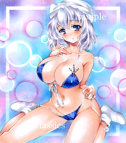 1girl artist_name at_classics bangs bare_arms bikini blue_bikini blue_eyes blue_hair blush breasts cleavage closed_mouth eyebrows_visible_through_hair front-tie_bikini front-tie_top groin hair_between_eyes hand_on_own_chest hat large_breasts letty_whiterock looking_at_viewer no_socks pom_pom_(clothes) sample shoes sitting solo swimsuit touhou traditional_media untied untied_bikini wariza watermark white_hat white_shoes