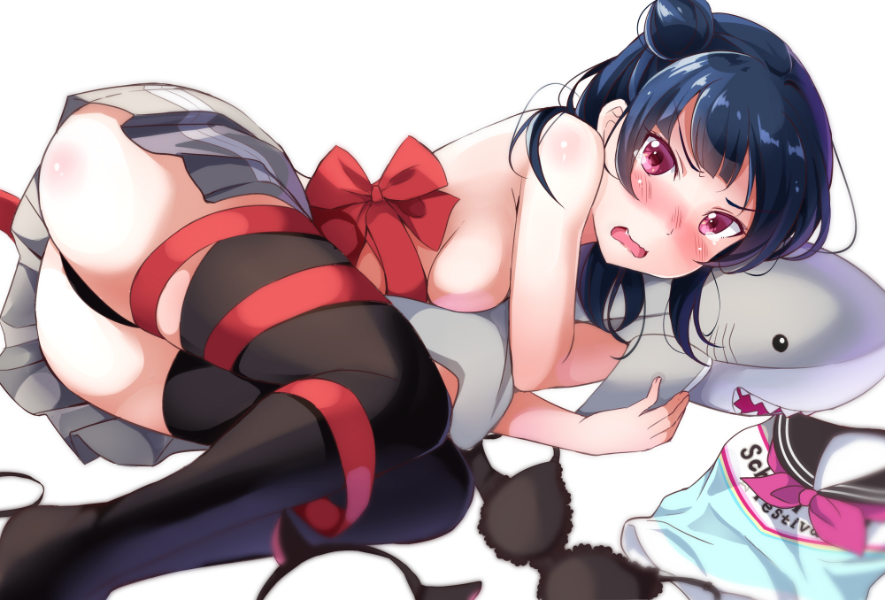 &gt;:o 1girl :o ass bangs black_bra black_legwear black_panties blue_hair blush bra bra_removed breast_press breasts fake_horns hairband_removed looking_at_viewer love_live! love_live!_sunshine!! lying medium_breasts miniskirt neckerchief object_hug on_side open_mouth panties pink_neckerchief red_ribbon ribbon shirt_removed side_bun sideboob simple_background skirt solo stuffed_animal stuffed_shark stuffed_toy tears textless thigh-highs tipii topless tsushima_yoshiko underwear violet_eyes white_background