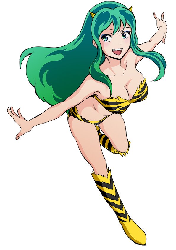 1girl animal_print armpits arms_up bikini blue_eyes boots breasts cleavage eyeshadow floating_hair full_body green_hair horns long_hair lum makeup medium_breasts navel oni open_mouth outstretched_arms simple_background smile solo spread_arms strapless strapless_bikini swimsuit tiger_print urusei_yatsura white_background