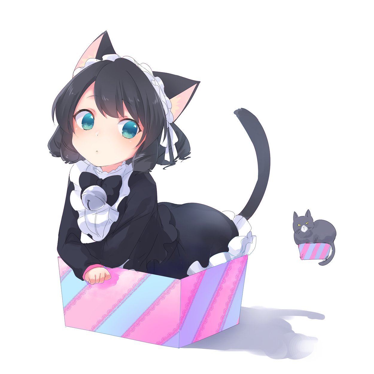 1girl :&lt; animal_ears bell black_hair blue_eyes blush bow box cat_ears cat_tail curly_hair cyan_(show_by_rock!!) dress gothic_lolita highres in_box in_container kyuuri_(miyako) lolita_fashion maid_headdress show_by_rock!! solo tail