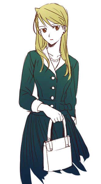 1girl bag blonde_hair brown_eyes dress earrings eyebrows_visible_through_hair fullmetal_alchemist green_dress handbag jewelry long_hair looking_away necklace pearl_necklace ribbon riru riza_hawkeye serious simple_background solo_focus white_background