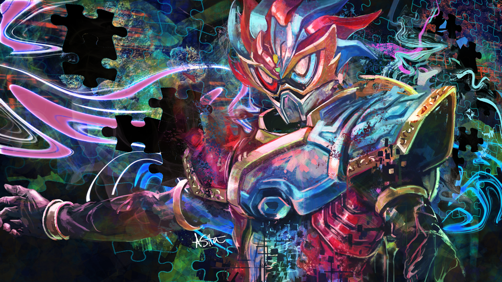 1boy armor artist_name ashita_(llasitall) blue_eyes breastplate helmet heterochromia kamen_rider kamen_rider_ex-aid_(series) kamen_rider_para-dx looking_at_viewer male_focus outstretched_arm pauldrons perfect_knockout_gamer_level_99 puzzle_piece red_eyes solo upper_body