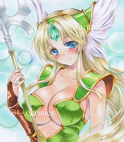 1girl artist_name at_classics blonde_hair blue_eyes blush breasts bridal_gauntlets cleavage closed_mouth erect_nipples forehead_jewel holding holding_weapon large_breasts long_hair looking_at_viewer riesz sample seiken_densetsu seiken_densetsu_3 sidelocks smile solo traditional_media upper_body watermark weapon
