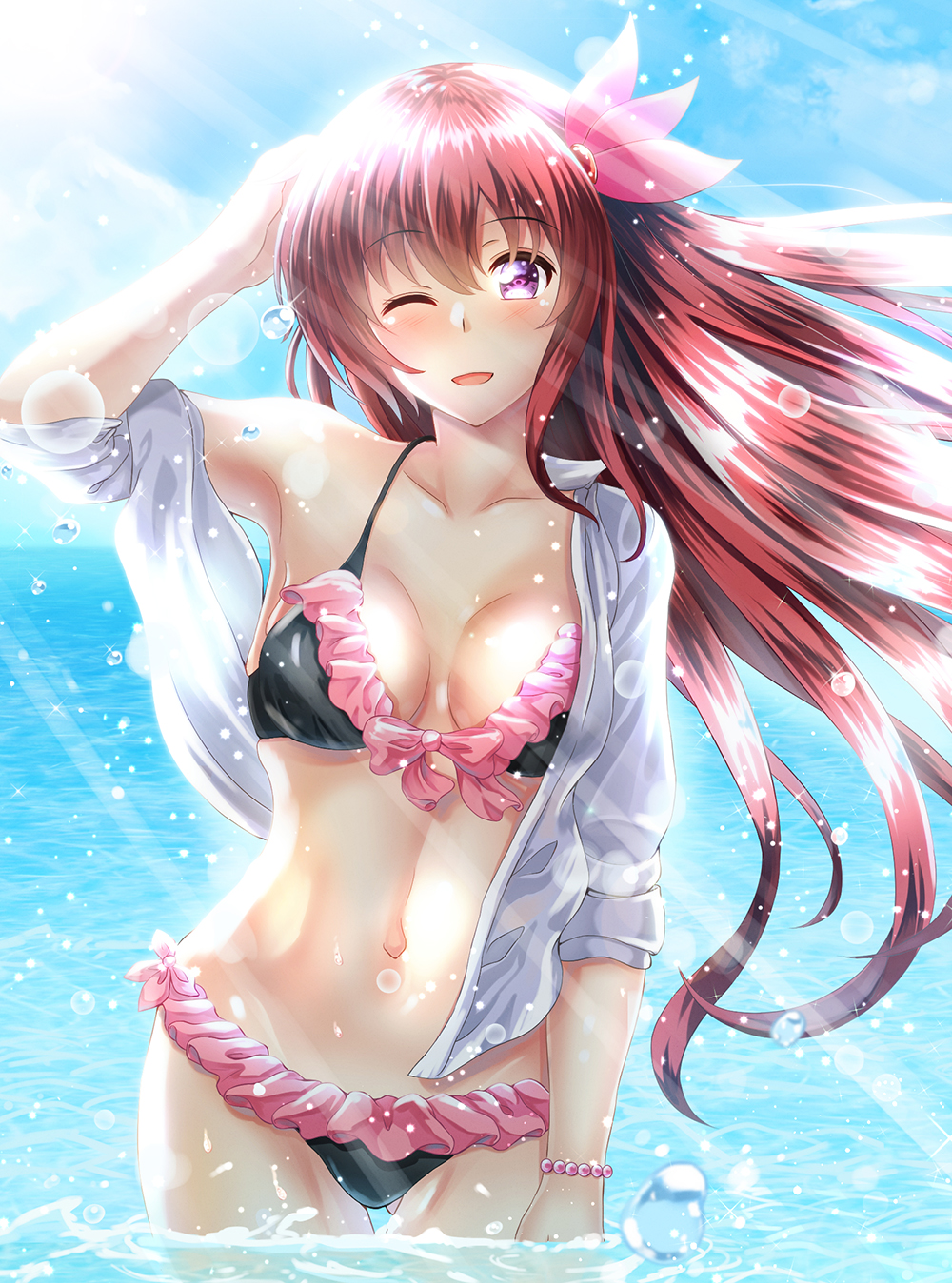 1girl bikini black_bikini brown_hair clouds cowboy_shot frilled_bikini frills front-tie_top gluteal_fold hair_ornament highres kantai_collection kisaragi_(kantai_collection) light_rays long_hair looking_at_viewer navel one_eye_closed partially_submerged sky solo sunbeam sunlight swimsuit takamichis211 violet_eyes water
