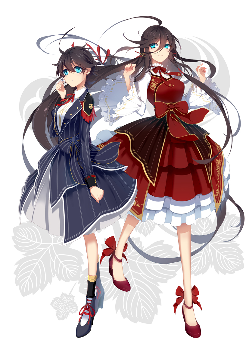 2girls adapted_costume ahoge artist_request black_hair blue_eyes bow braid double-breasted dress earrings genderswap genderswap_(mtf) high_heels horikawa_kunihiro izumi-no-kami_kanesada jewelry long_hair multiple_girls side_braid smile stud_earrings touken_ranbu very_long_hair wide_sleeves