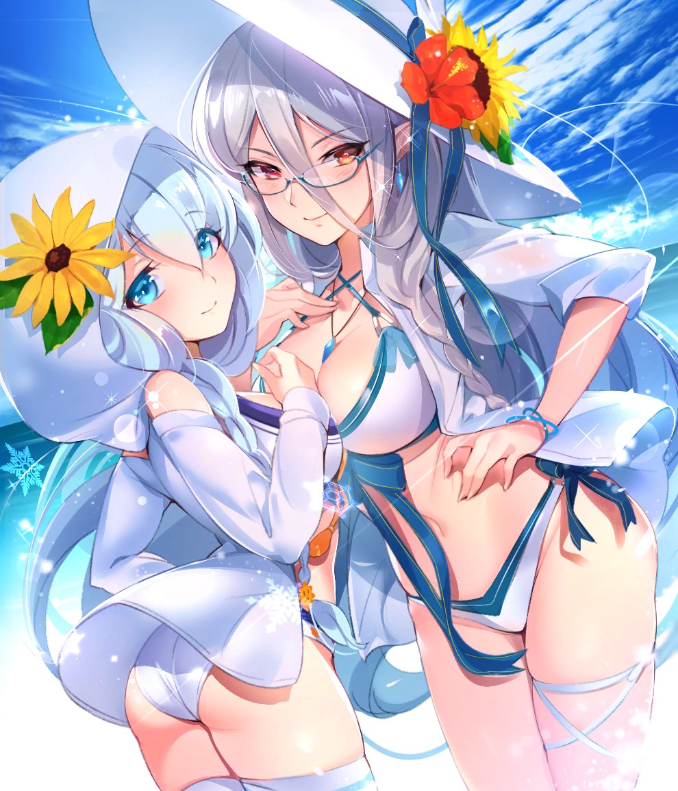 2girls bikini blue-framed_eyewear blue_eyes blue_hair blue_sky bracelet braid breast_press breasts brown_eyes cleavage closed_mouth cowboy_shot criss-cross_halter day dutch_angle eyebrows_visible_through_hair fisheye flower front-tie_bikini front-tie_top fu-mi.a glasses hair_between_eyes hair_over_shoulder halterneck hand_on_own_chest hat hat_flower hat_ribbon heterochromia hiyuki-chan horizon jewelry large_breasts long_hair multiple_girls navel necklace open_clothes open_shirt ortlinde=nblg=valkyria outdoors pendant pointy_ears red_eyes ribbon semi-rimless_glasses shirt side-tie_bikini sidelocks silver_hair sky sleeves_folded_up smile sound_voltex sun_hat swimsuit symmetrical_docking thigh-highs thigh_ribbon under-rim_glasses very_long_hair white_bikini white_legwear