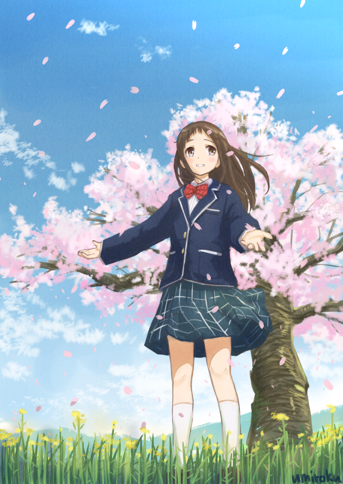 1girl bangs blue_jacket blue_skirt blue_sky blush_stickers bow bowtie brown_eyes brown_hair checkered checkered_skirt cherry_blossoms clouds commentary_request day dot_nose field flower flower_field jacket long_hair long_sleeves looking_away looking_to_the_side original outdoors outstretched_arms petals red_bow red_bowtie school_uniform skirt sky smile socks solo spread_arms standing tree umiroku white_legwear