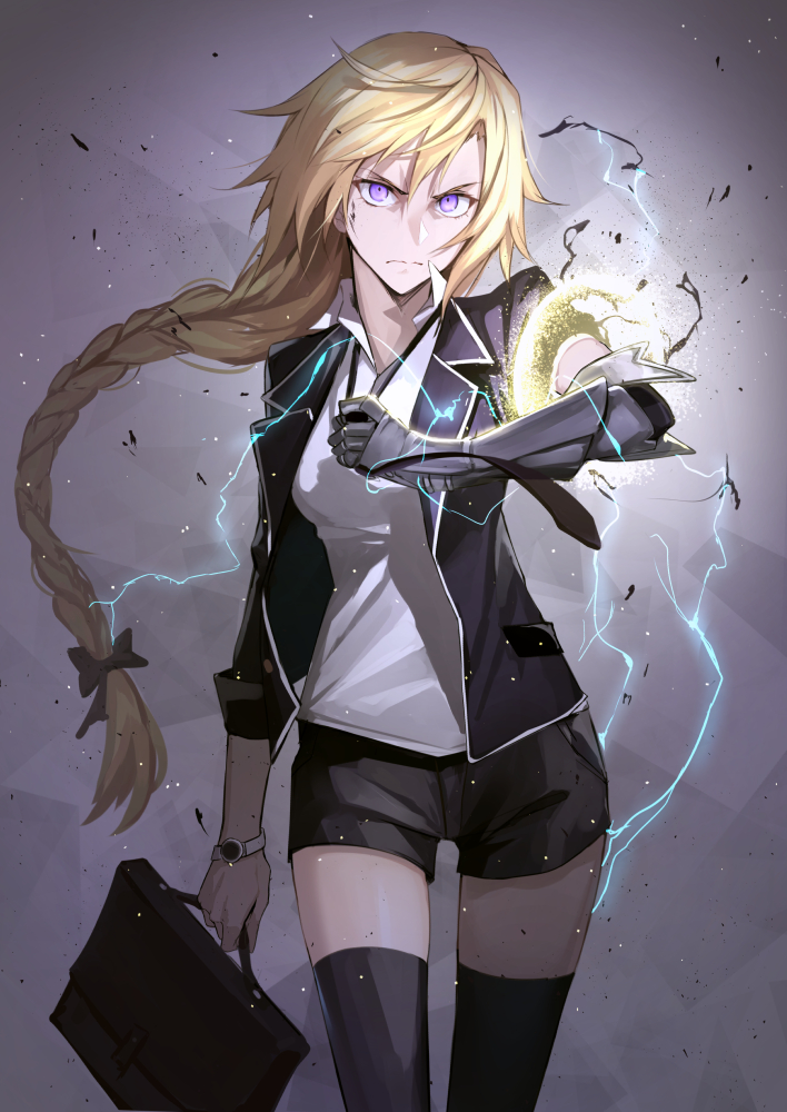 1girl alternate_costume angry bag bangs black_bow black_ribbon black_shorts blazer blonde_hair bow braid briefcase closed_mouth cowboy_shot electricity fate/apocrypha fate_(series) floating_hair gauntlets hair_bow hair_ribbon holding_bag jacket long_hair looking_at_viewer open_blazer open_clothes open_jacket popped_collar ribbon ruler_(fate/apocrypha) scowl serious shijiu_(adamhutt) shirt short_shorts shorts single_braid single_gauntlet solo thigh-highs tress_ribbon tsurime very_long_hair violet_eyes watch watch white_shirt
