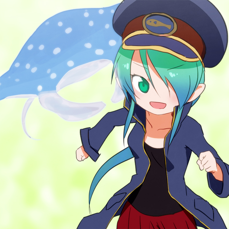 &gt;:d 1girl :d black_shirt blue_hair borrowed_character clenched_hands coat collarbone commentary_request eyebrows_visible_through_hair gradient green_eyes green_hair hair_over_one_eye hat keifuku_(tatsuki) long_hair long_sleeves looking_at_viewer manta_ray multicolored_hair open_mouth original peaked_cap ponytail red_skirt sat-c shirt skirt smile solo two-tone_hair