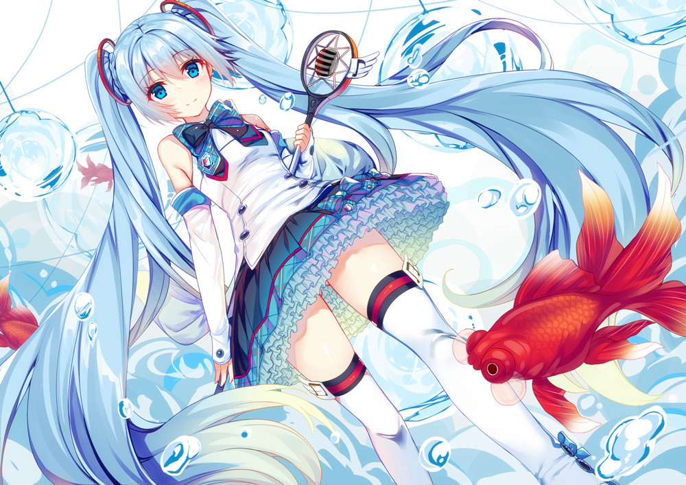 1girl blue_eyes blue_hair bow bowtie bubble detached_sleeves fish hatsune_miku kazucha long_hair microphone skirt solo thigh-highs twintails very_long_hair vocaloid walking