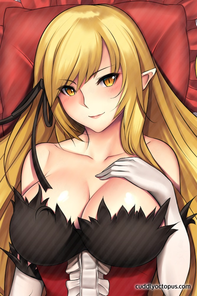 1girl bare_shoulders blonde_hair blush breasts cleavage elbow_gloves gloves kiss-shot_acerola-orion_heart-under-blade large_breasts long_hair looking_at_viewer monogatari_(series) older oshino_shinobu pointy_ears ribbon slit_pupils smile solo tony_guisado watermark web_address white_gloves yellow_eyes