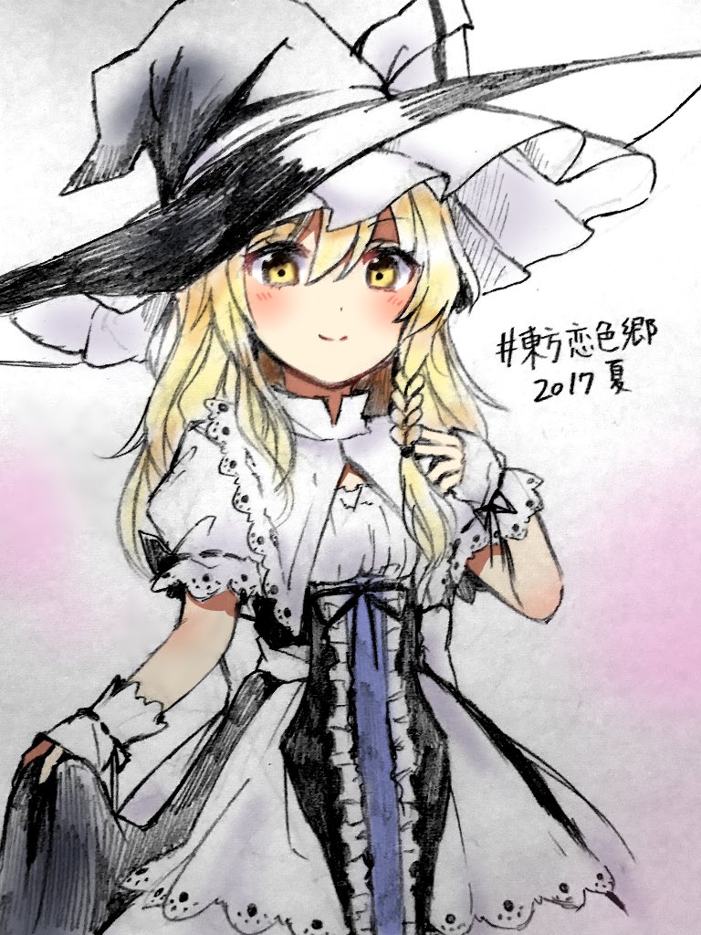 1girl blonde_hair blush braid cleavage_cutout curiosities_of_lotus_asia curtsey detached_collar dress gloves hat kirisame_marisa long_hair looking_at_viewer puffy_short_sleeves puffy_sleeves sash short_sleeves side_braid single_braid smile solo touhou underbust white_gloves witch_hat wrist_cuffs yellow_eyes yururi_nano