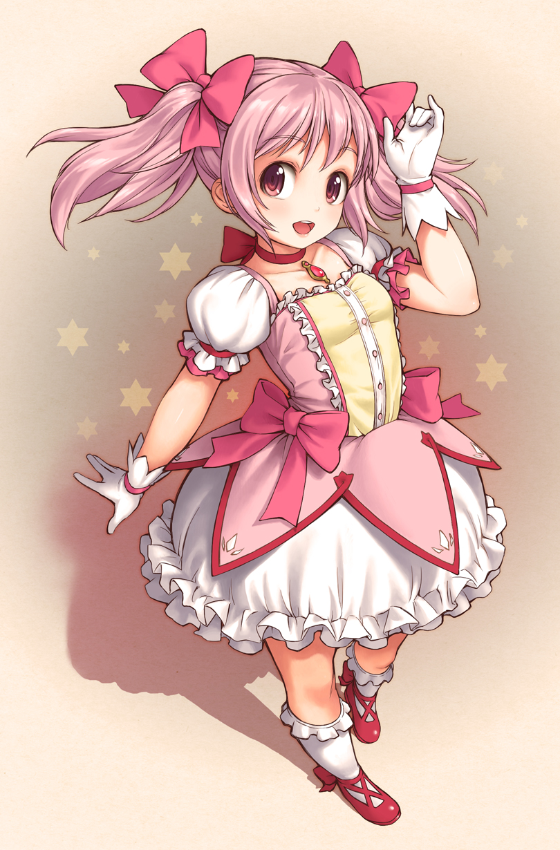 1girl arm_up bangs bow breasts choker collarbone dress eyebrows_visible_through_hair frilled_dress frilled_legwear frills full_body gloves hair_bow highres kaname_madoka kneehighs mahou_shoujo_madoka_magica open_mouth pink_bow pink_eyes pink_hair poripori puffy_short_sleeves puffy_sleeves red_choker red_shoes shadow shoes short_sleeves small_breasts solo standing star white_dress white_gloves white_legwear