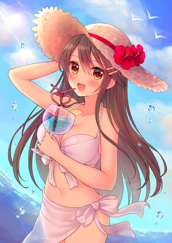 1girl :d alternate_costume bikini bird black_hair blush breasts brown_eyes collarbone cup day drink drinking_glass drinking_straw hair_between_eyes haruna_(kantai_collection) hat holding holding_cup kantai_collection large_breasts long_hair mamekosora ocean open_mouth seagull smile solo swimsuit white_bikini