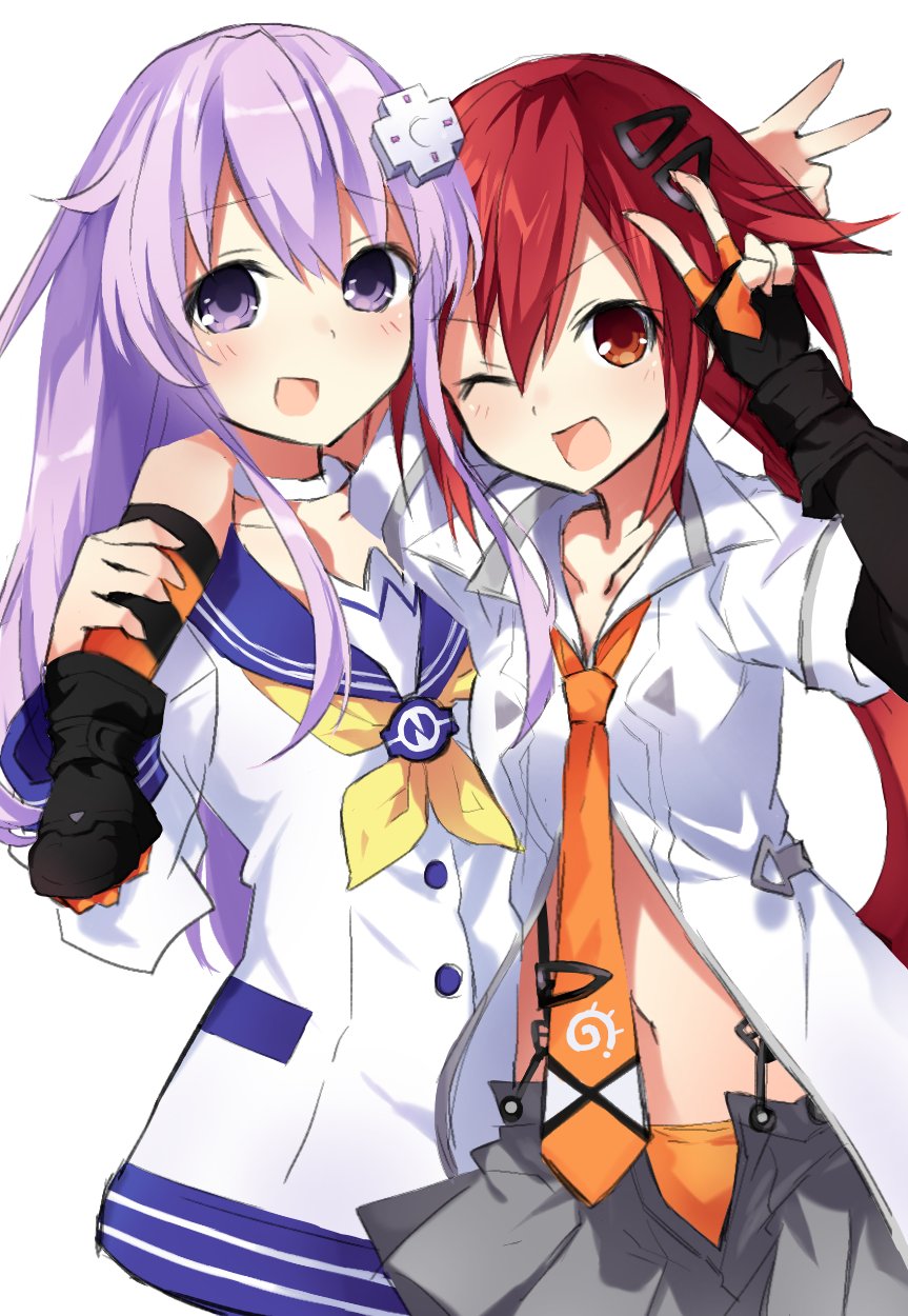 2girls arm_around_shoulder blancpig_yryr d-pad dress fingerless_gloves gloves hair_ornament hairclip highres long_hair multiple_girls navel necktie nepgear neptune_(series) purple_hair red_eyes redhead shin_jigen_game_neptune_vii shirt smile tennouboshi_uzume v violet_eyes