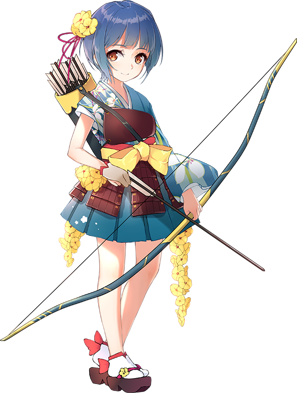 1girl archery arrow artist_request blue_hair blue_skirt bow_(weapon) brown_eyes flower full_body gloves hair_flower hair_ornament holding holding_arrow holding_bow_(weapon) holding_weapon kitsuki_(oshiro_project) kyuudou muneate official_art oshiro_project oshiro_project_re partly_fingerless_gloves quiver short_hair skirt smile transparent_background weapon yugake