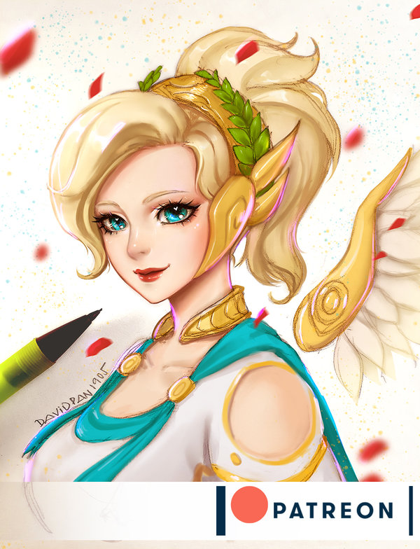 1girl alternate_costume aqua_eyes artist_name blonde_hair breasts collarbone david_pan dress eyelashes feathered_wings graphite_(medium) head_wreath heart high_ponytail large_breasts laurel_crown lips looking_at_viewer looking_to_the_side mechanical_pencil mechanical_wings mercy_(overwatch) nose overwatch pencil photo portrait red_lips signature simple_background smile solo toga traditional_media white_background white_dress winged_victory_mercy wings yellow_wings